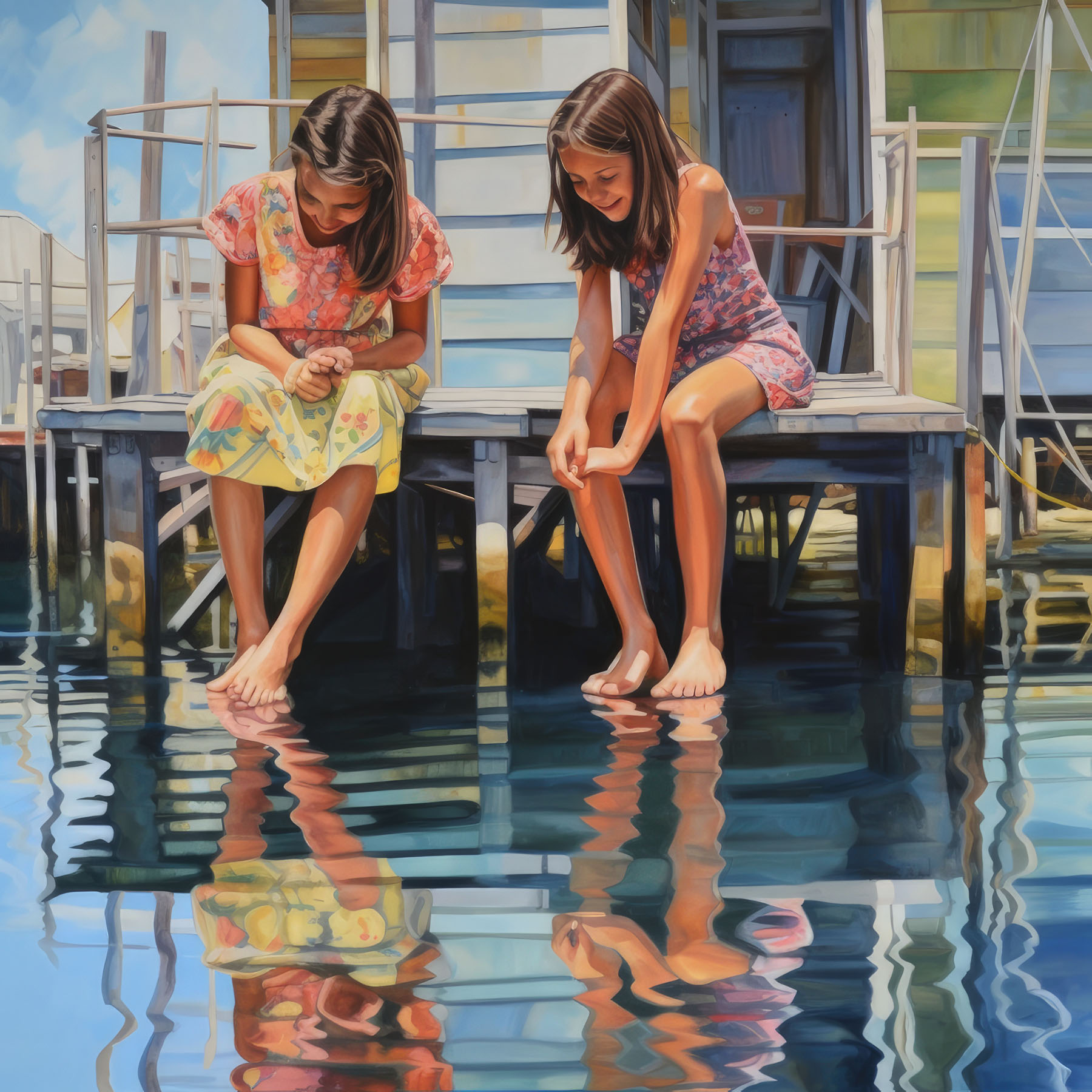 Two young girls sit on the edge of a wooden dock with a body of blue water beneath them.