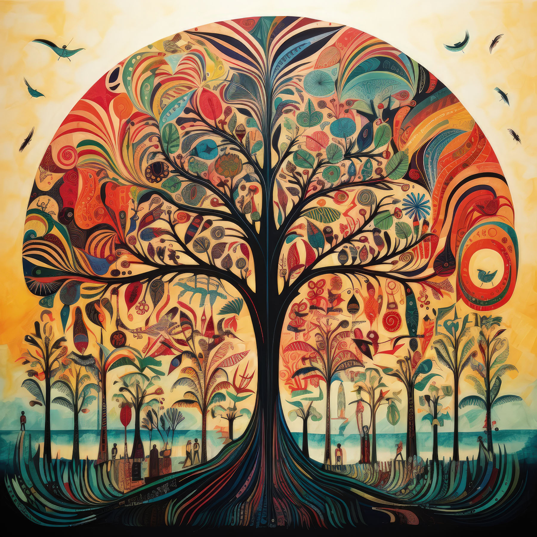 An abstract stylized tree made of patterns, shapes and motifs stands with it's colorful roots mirroring the canopy.