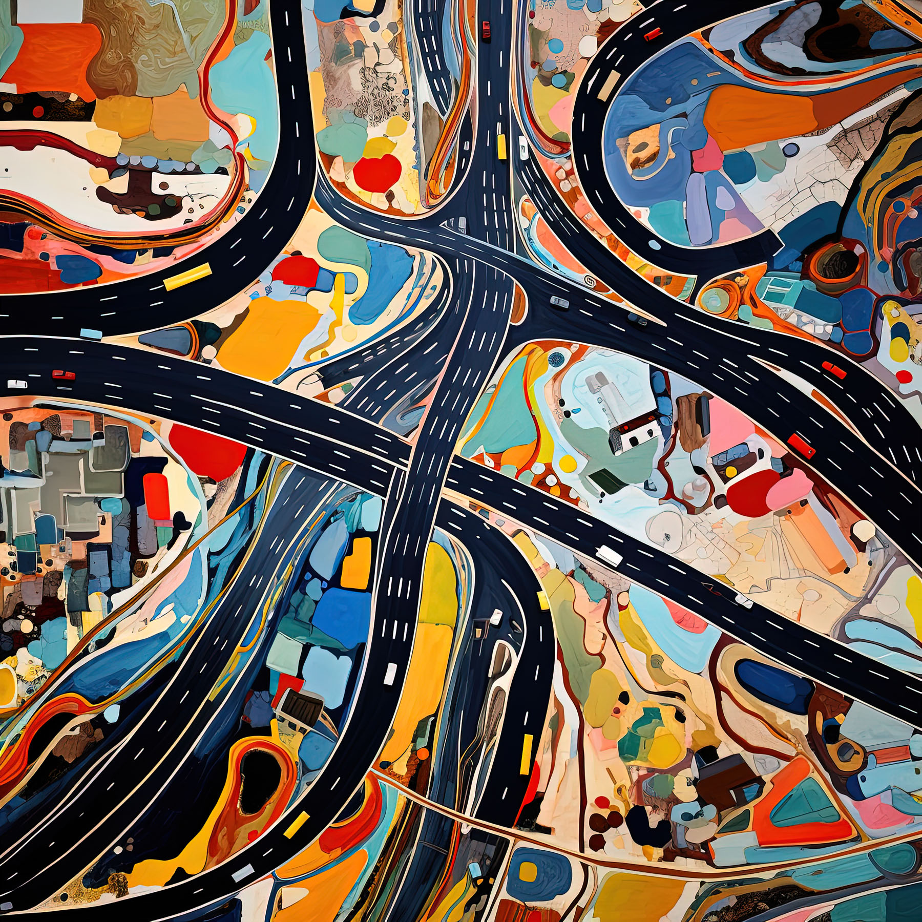 Abstract aerial view of twisting roads between colorful blobs of paint like shapes.