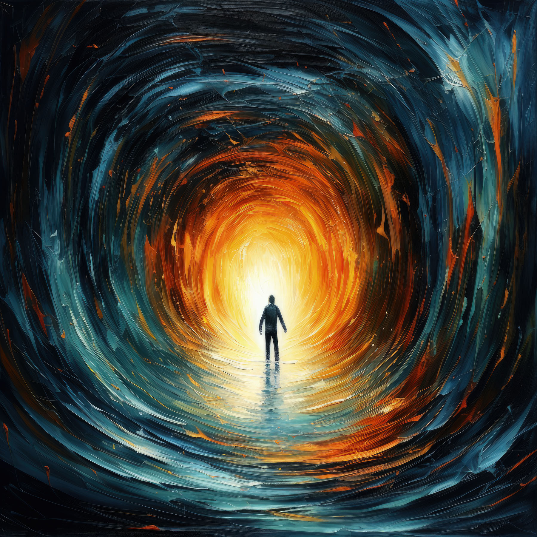 A silhouetted figure stands facing a swirling tunnel that ends in a bright light.
