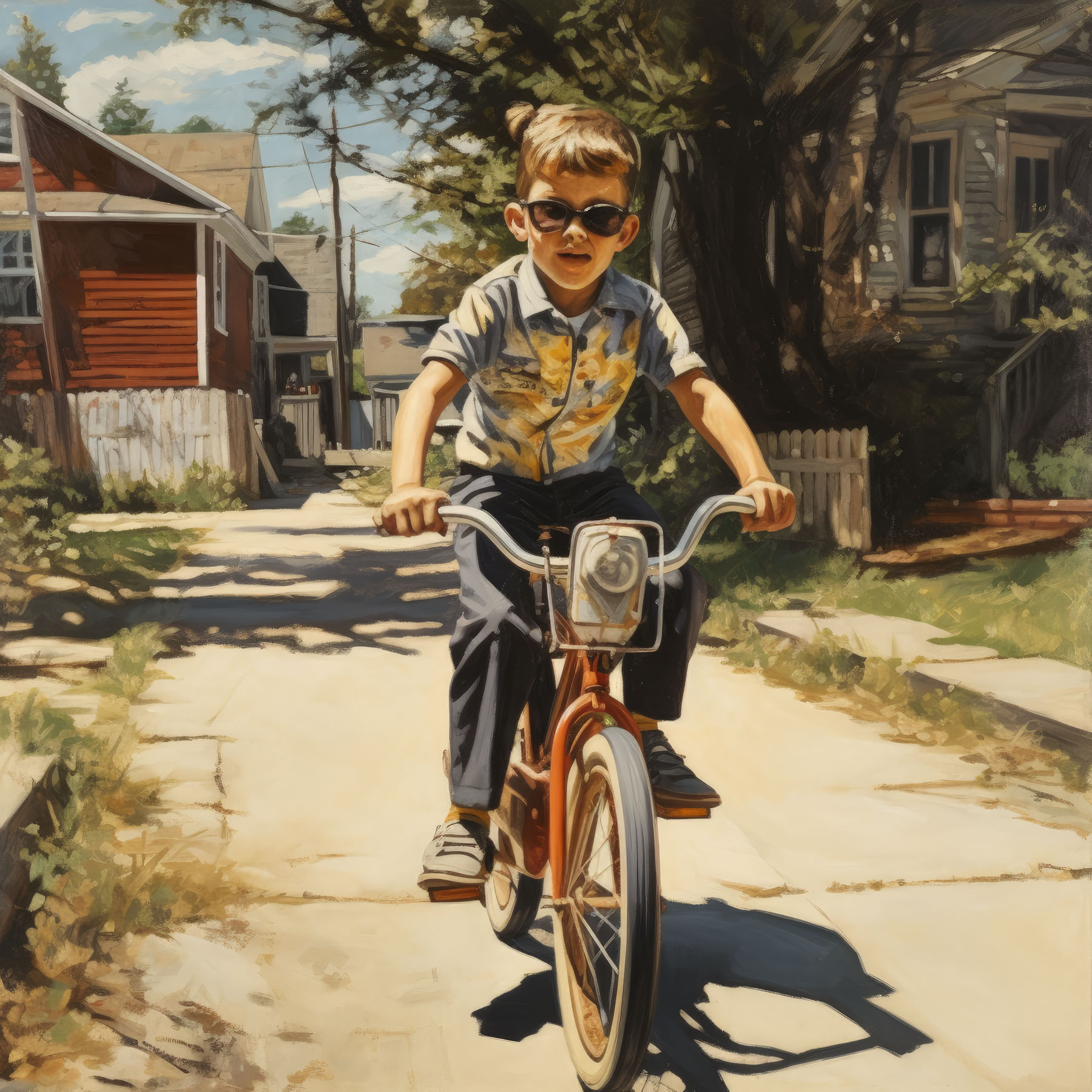 Young boy with sunglasses riding his bicycle through a suburban alley.