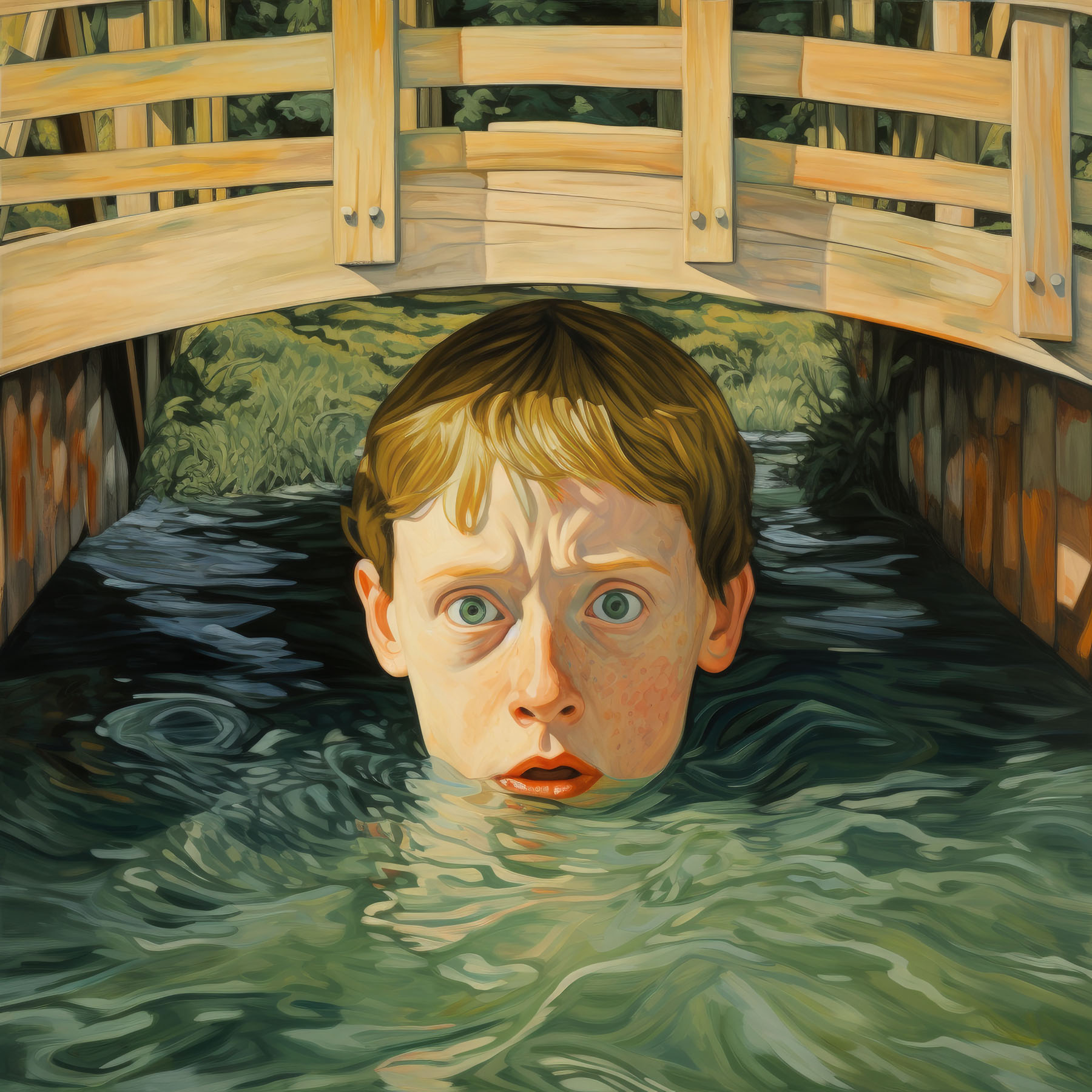 Red haired boy looks scared submerged in water under a bridge.