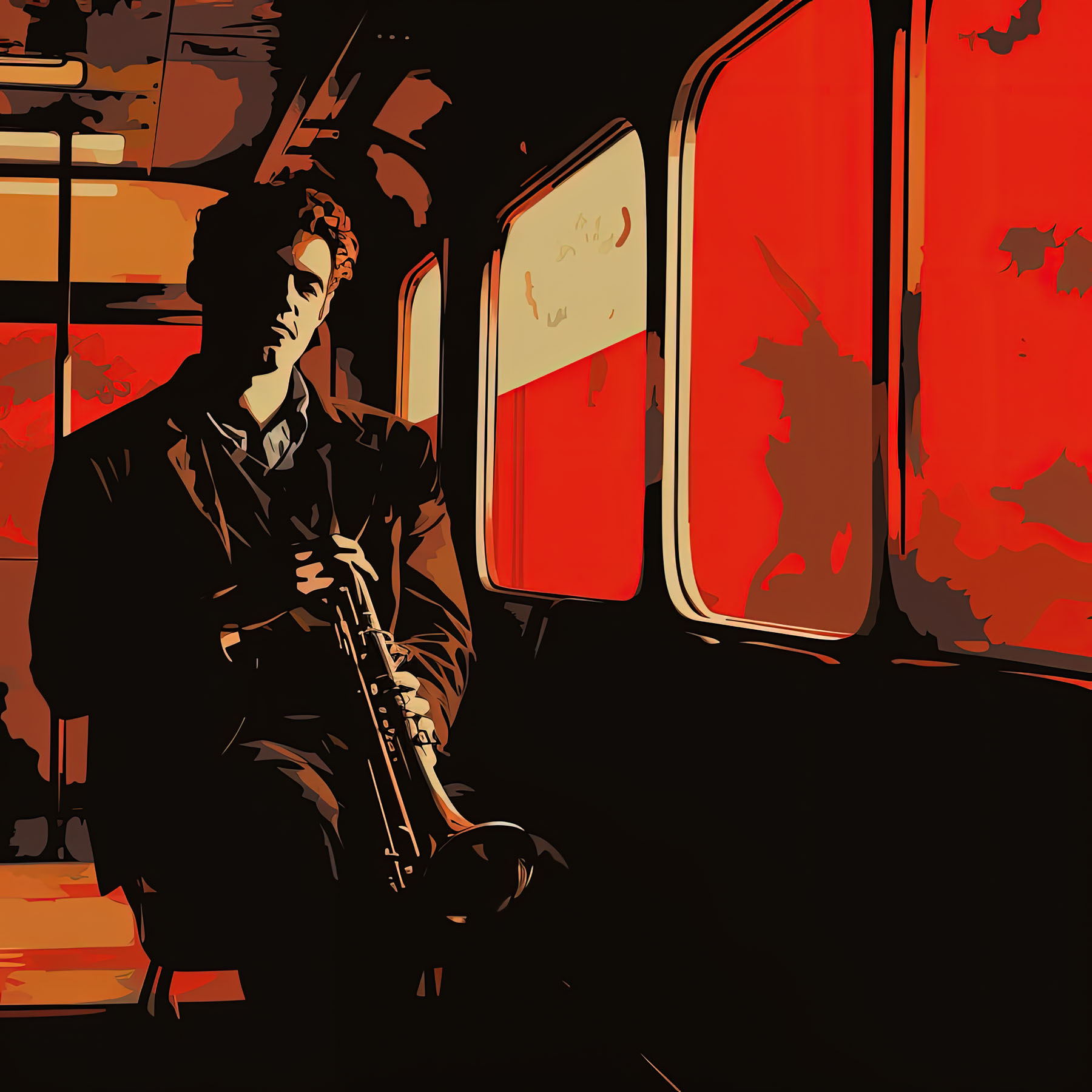 Dramatic comic book inked looking illustration in reds and oranges of a man sitting alone in a bus with a trumpet in his lap.