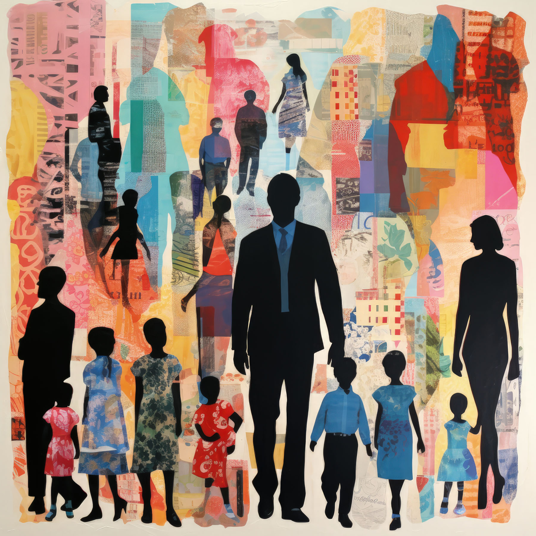 Silhouettes of people are interwoven with bright colors and patterns.