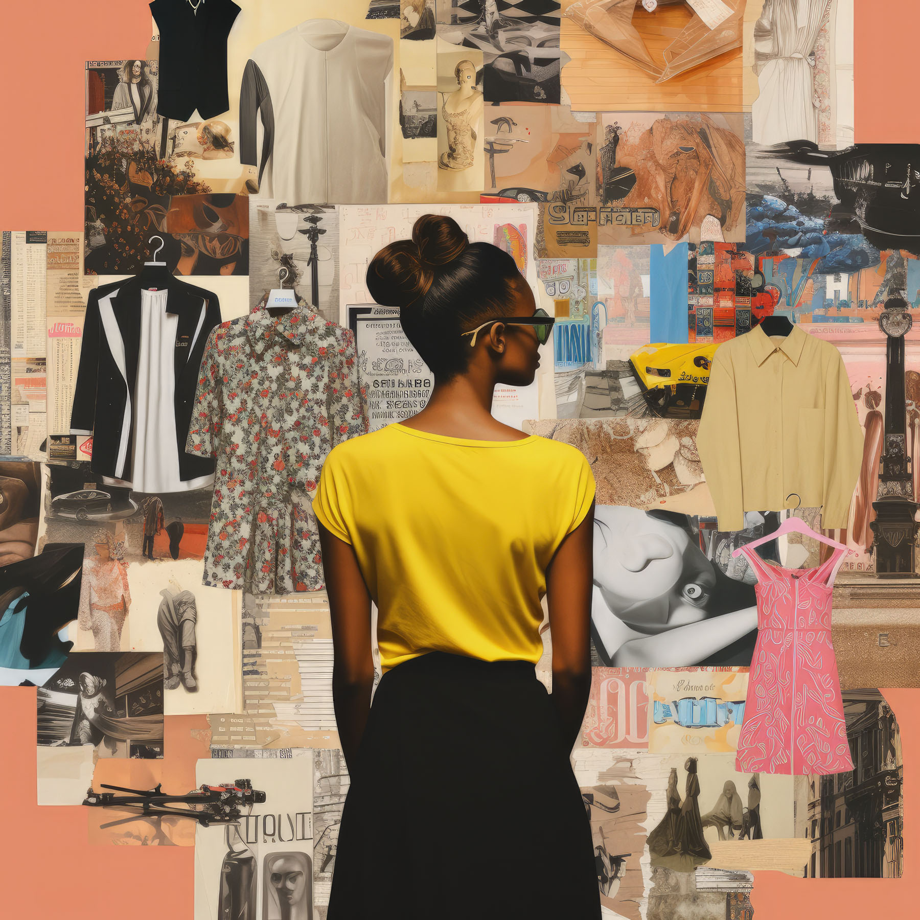 Young woman, wearing a bright yellow top, looks at wall of fashion forward clothes and collages.