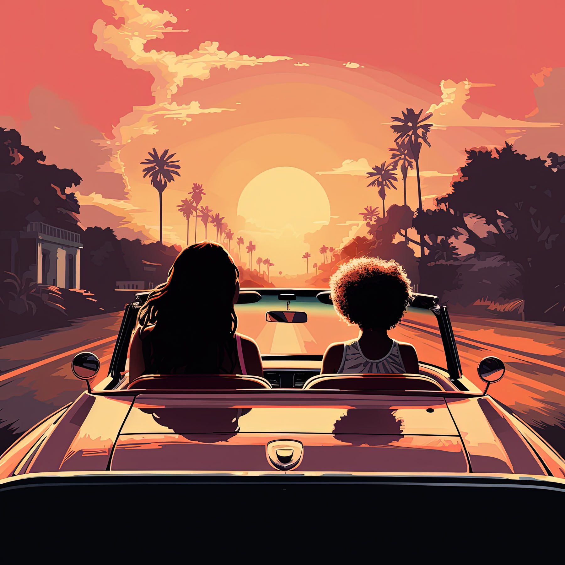 A mother and daughter drive in a car with the top down on a palm tree lined street towards a bright sunset.