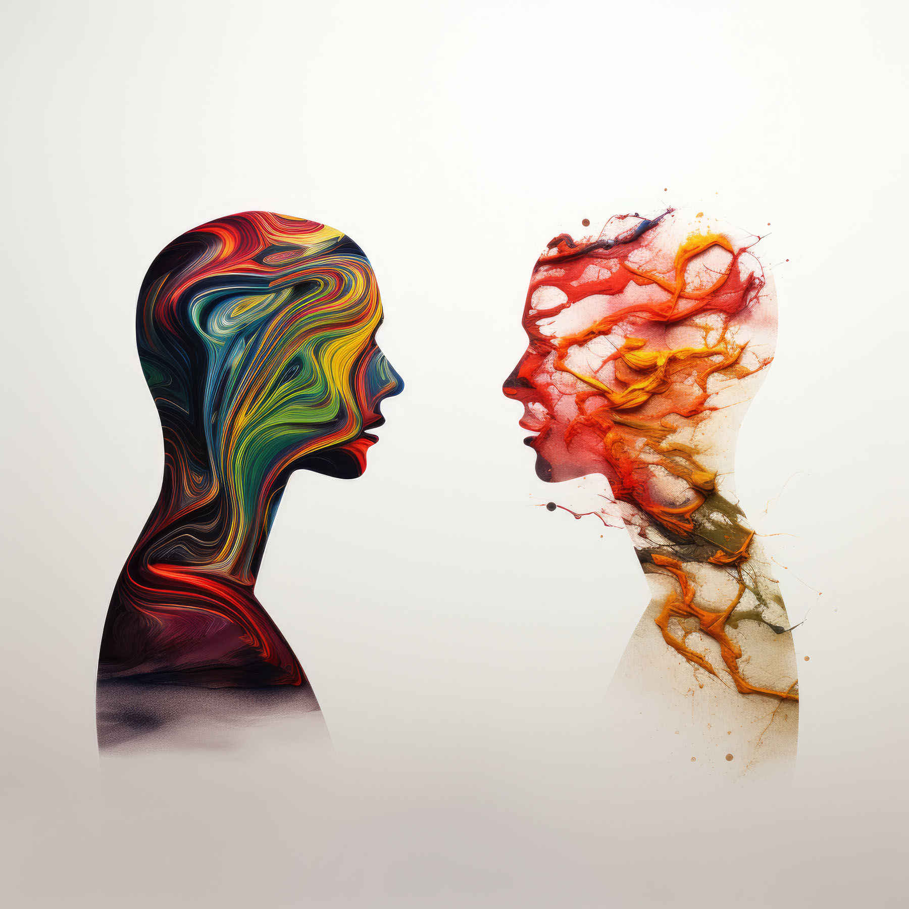 Two human profiles face each other. The one on the left is made of swirling paint-like colors, the one on the right disintegrating splotches of reds and oranges.