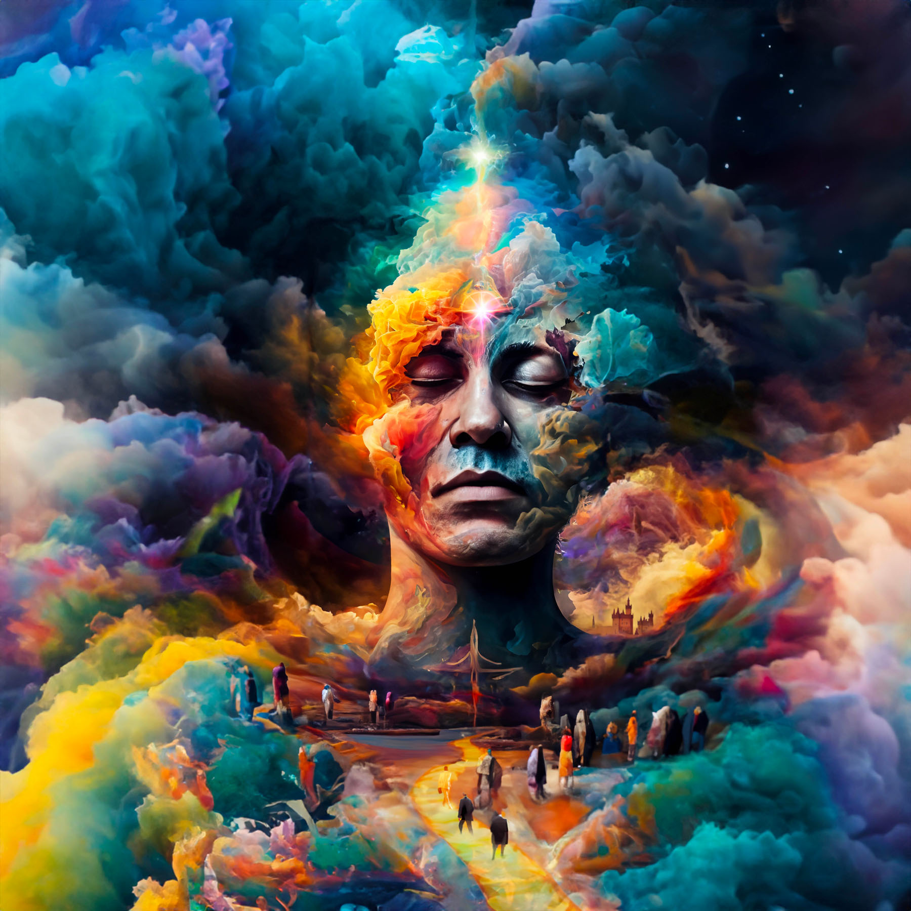 Surreal image of a giant head fading into colorful clouds that stands over a path of yellow light where smaller humans walk.