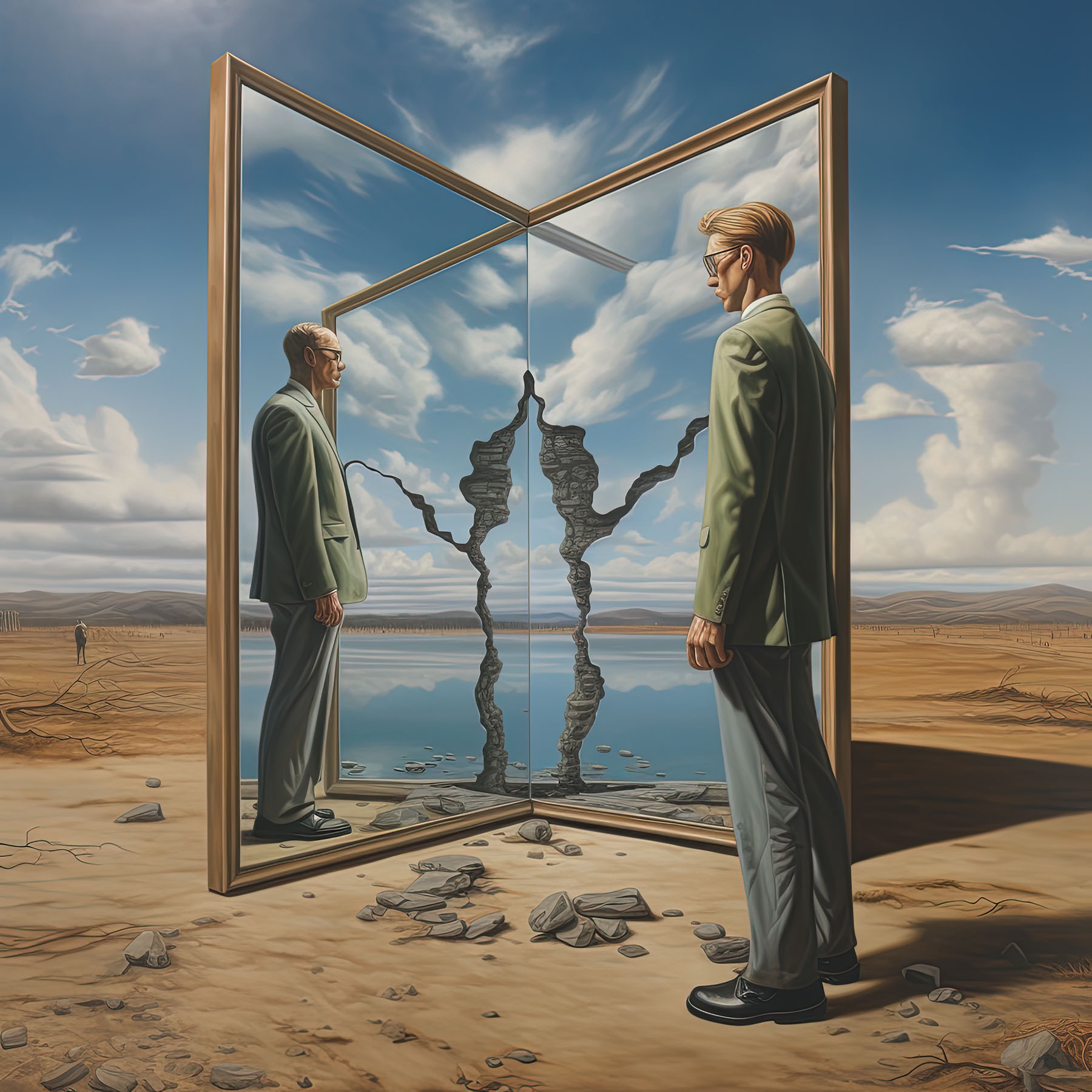 A man stands in the desert looking at a tall rectangular mirror that reflects an older version of himself looking at a lake.