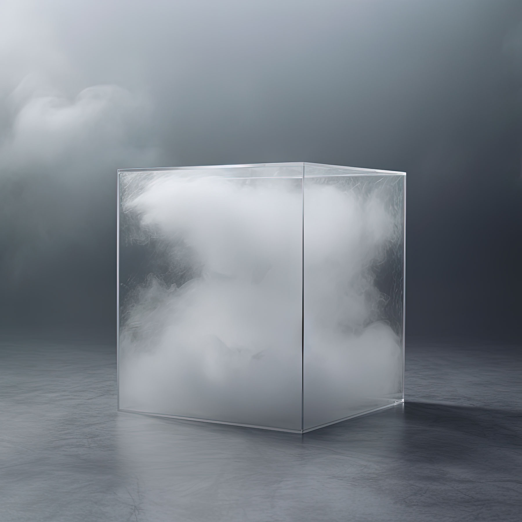 A transparent cube holding swirling smoke in it's interior sits surrounded by fog on a metallic floor.