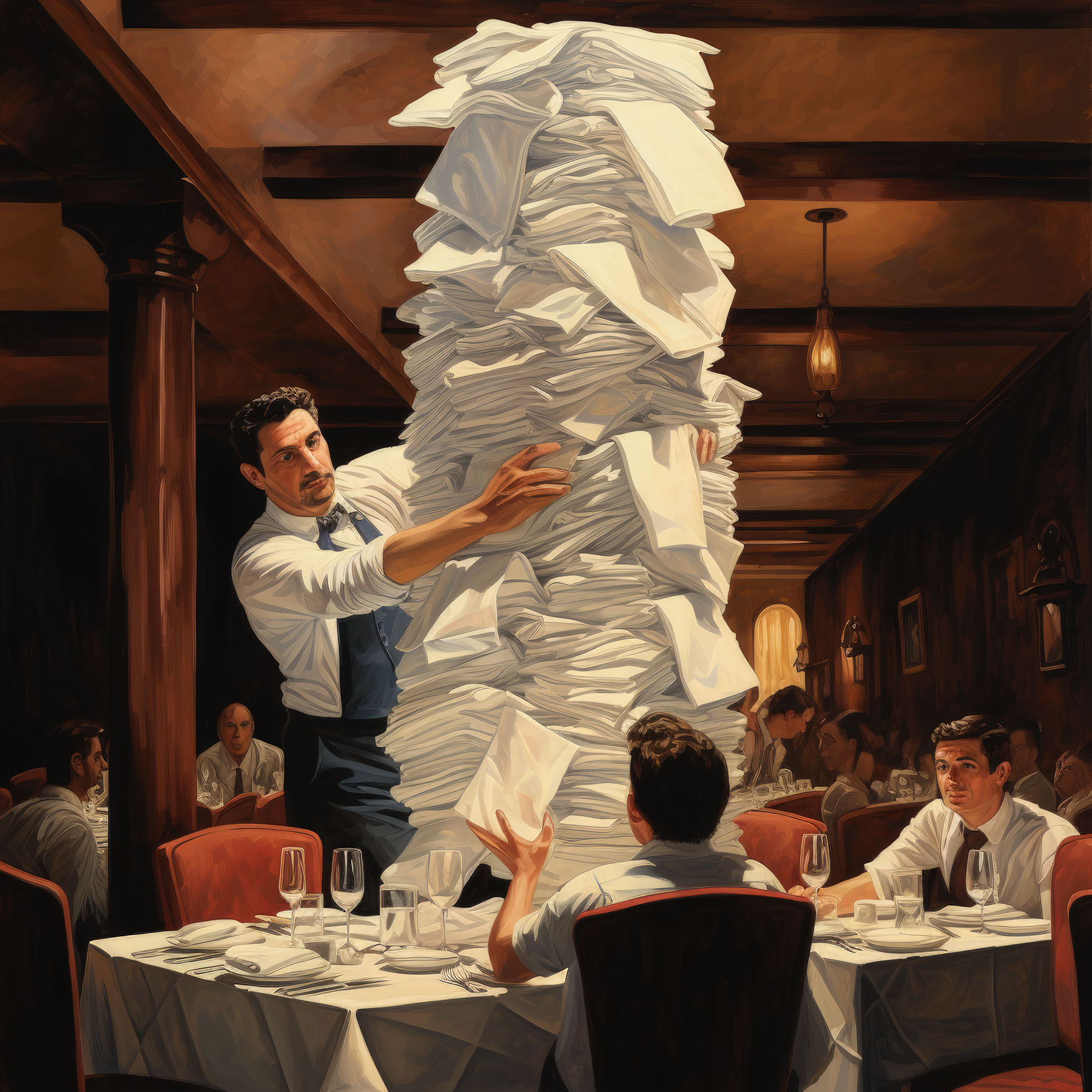 A waiter in a restaurant holds a colossal stack of napkins for a man sitting at his table of empty wine glasses and arranged silverware.