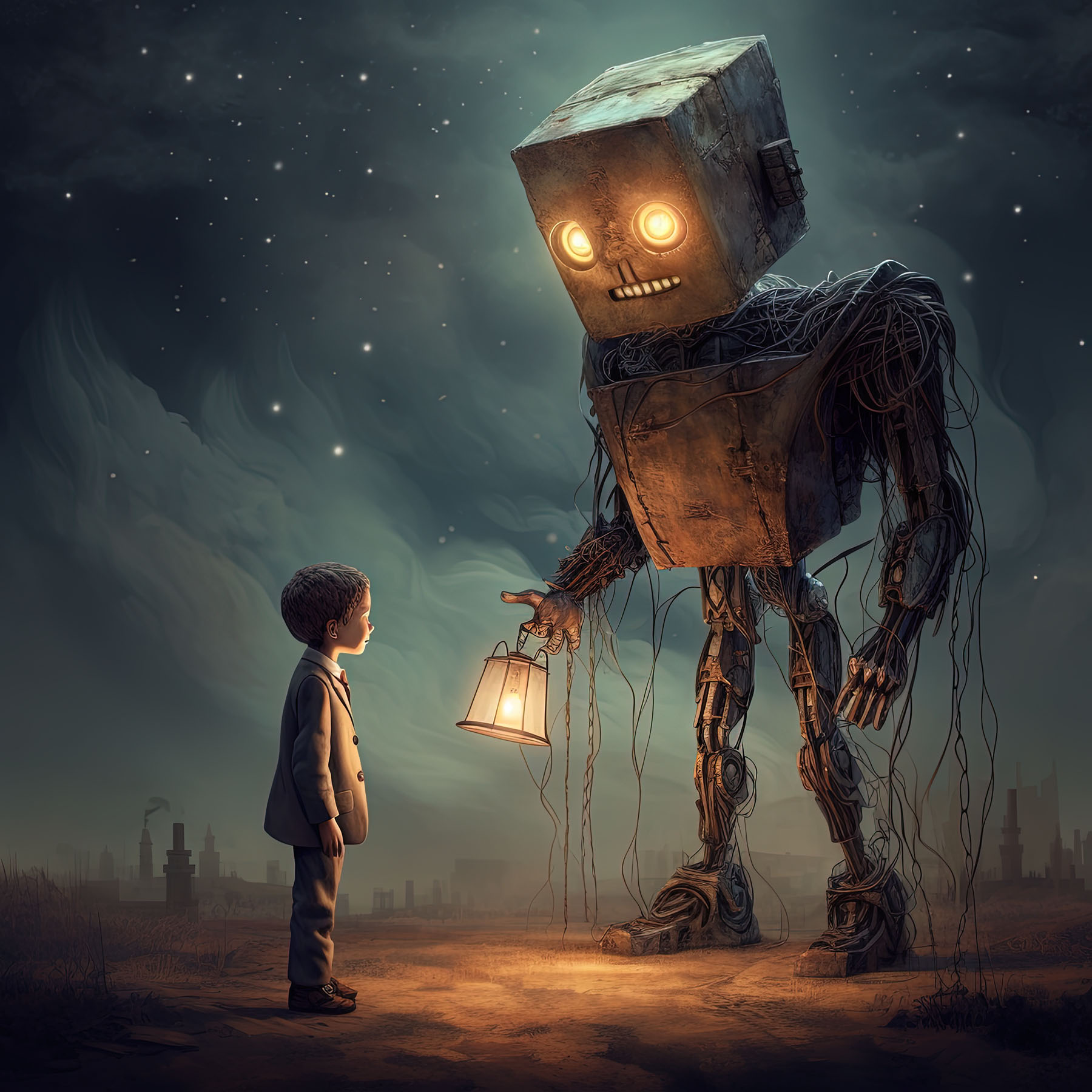 In a dimly lit starry skied landscape, a young boy looks up at a robot with big glowing eyes and a box head. The robot is holding a lantern.