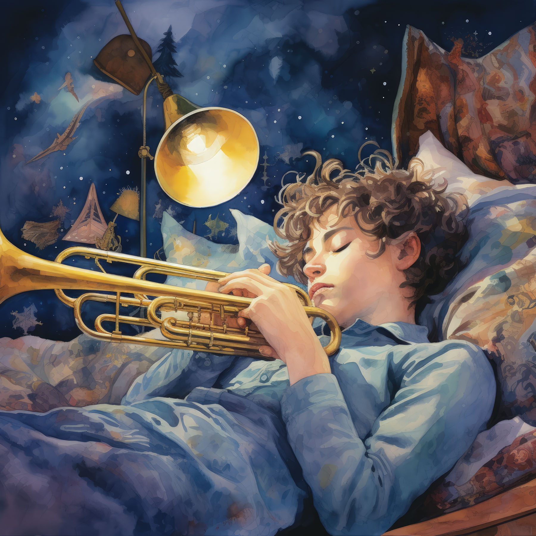 Curly brown haired boy in pajamas sleeps on a bed holding his trumpet.