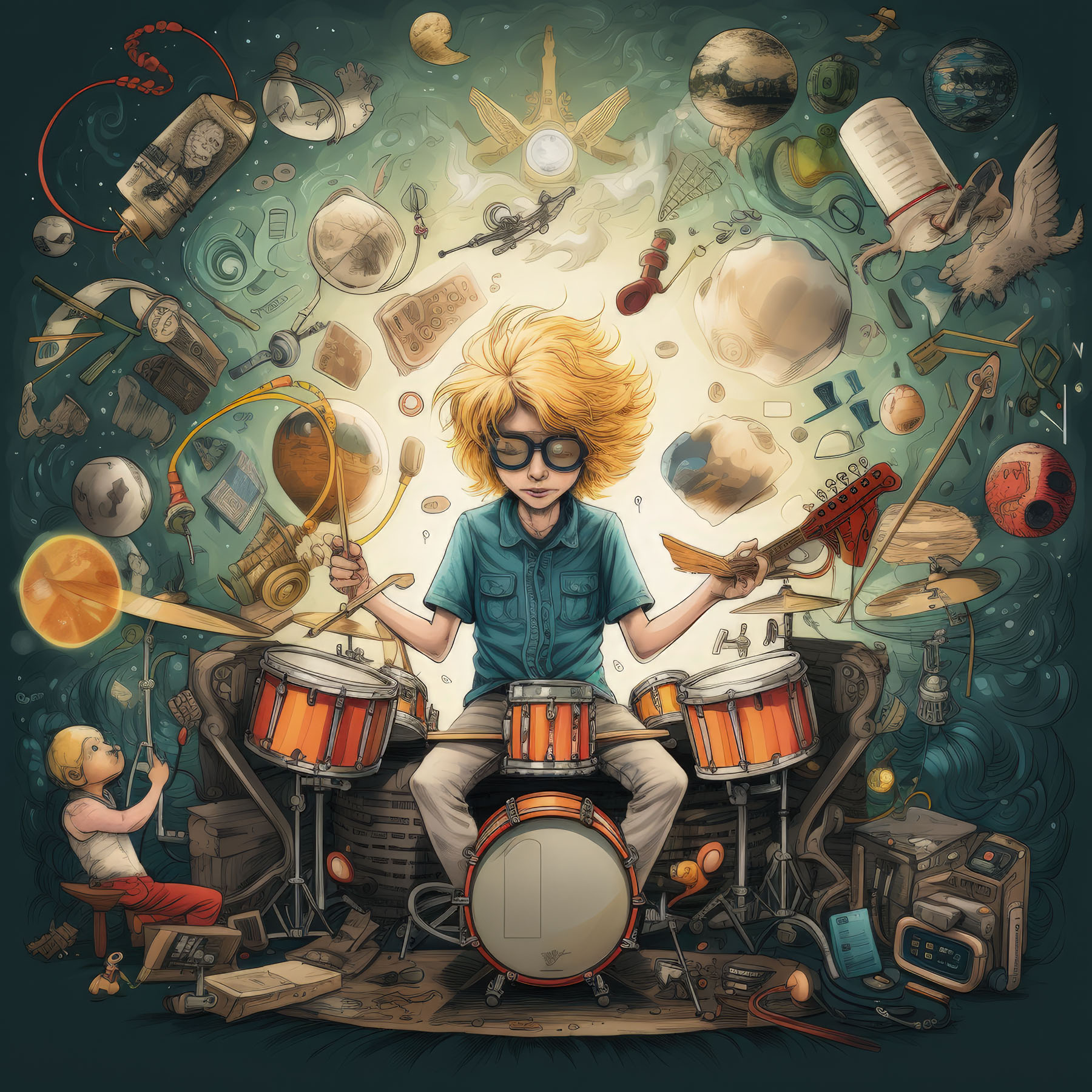 Long haired boy with sunglasses holds a drumstick and a broken guitar while sitting at a drumset. Strange objects float above him in space.