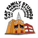 Cat Family Studios Logo. Cat Family Studios repeated three times in the shape of a radio wave above a building with a radio tower on top and pictures of two cat heads on it's side.