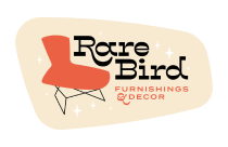 Rare Bird Furnishings and Decor logo. A 1950's styled logo with a modern looking orange chair placed in a tan spherical shape decorated with sparkles.
