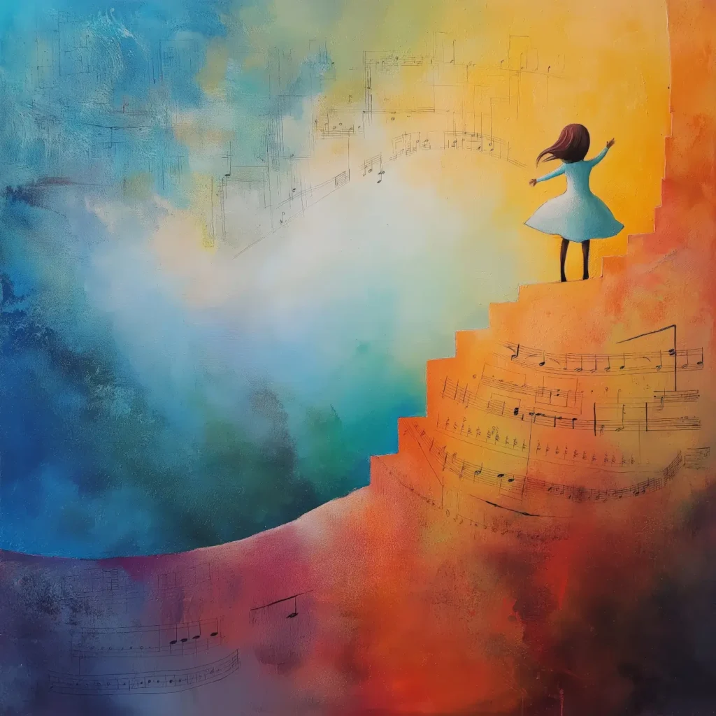 a girl in a blue dress on an orange natural staircase overlayed with musical notes