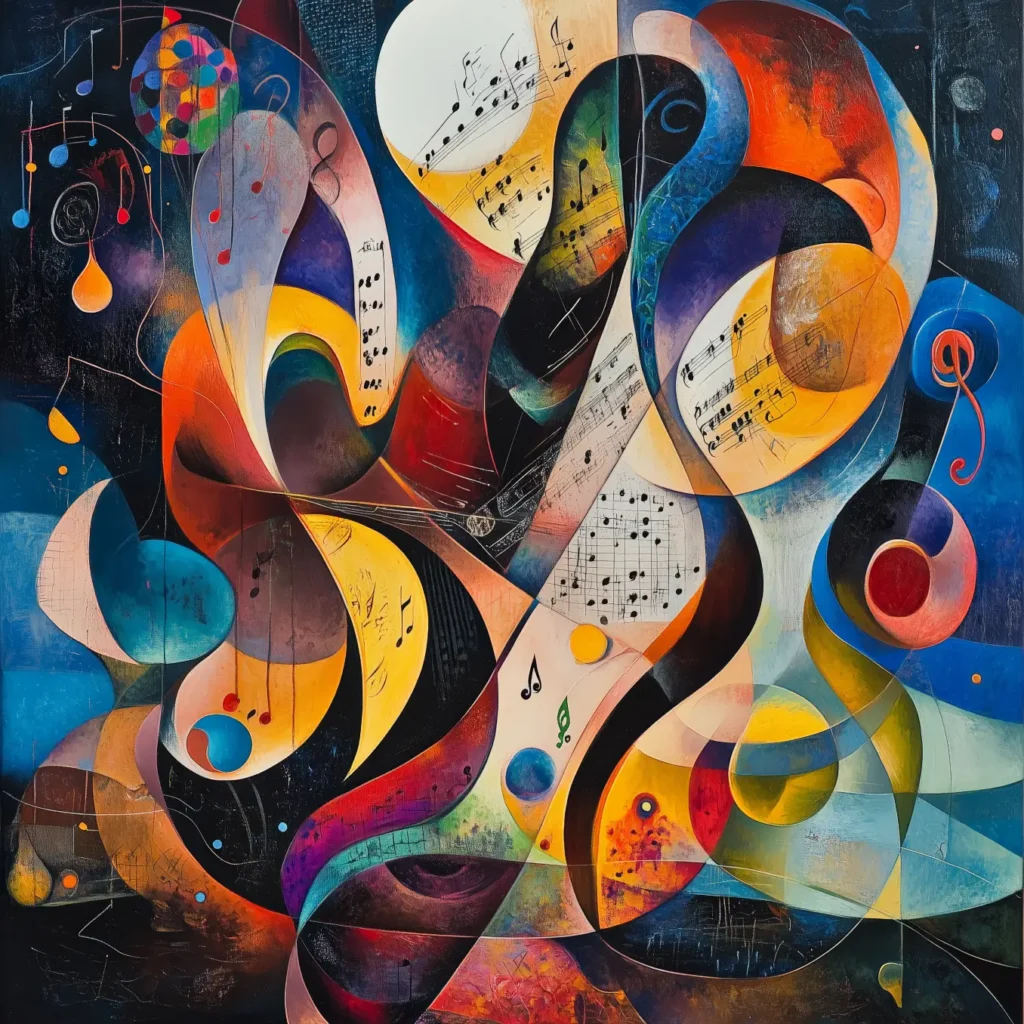 an abstract mix of colored curves and musical notes