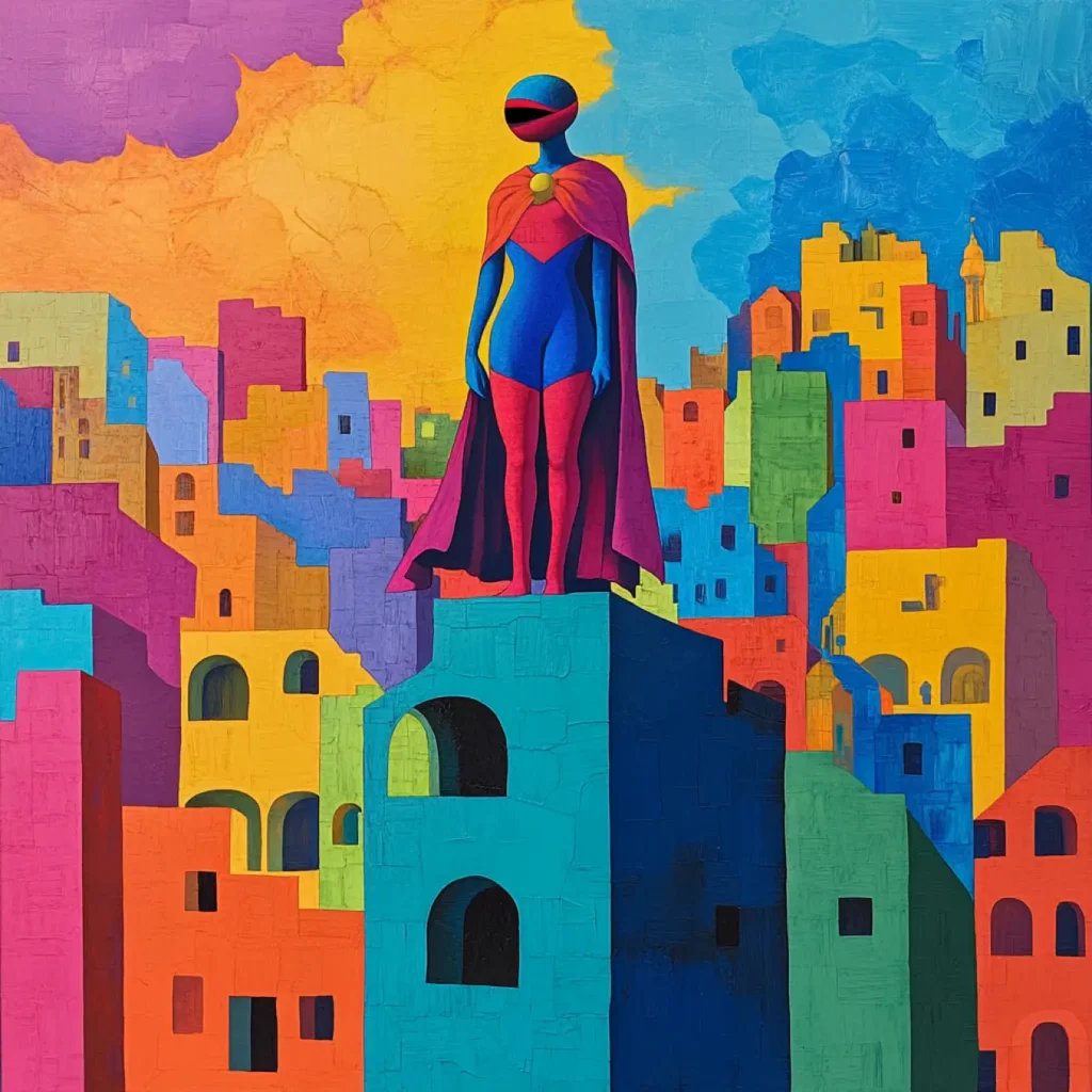 a female superhero in a cape and mask standing amongst colorful buildings