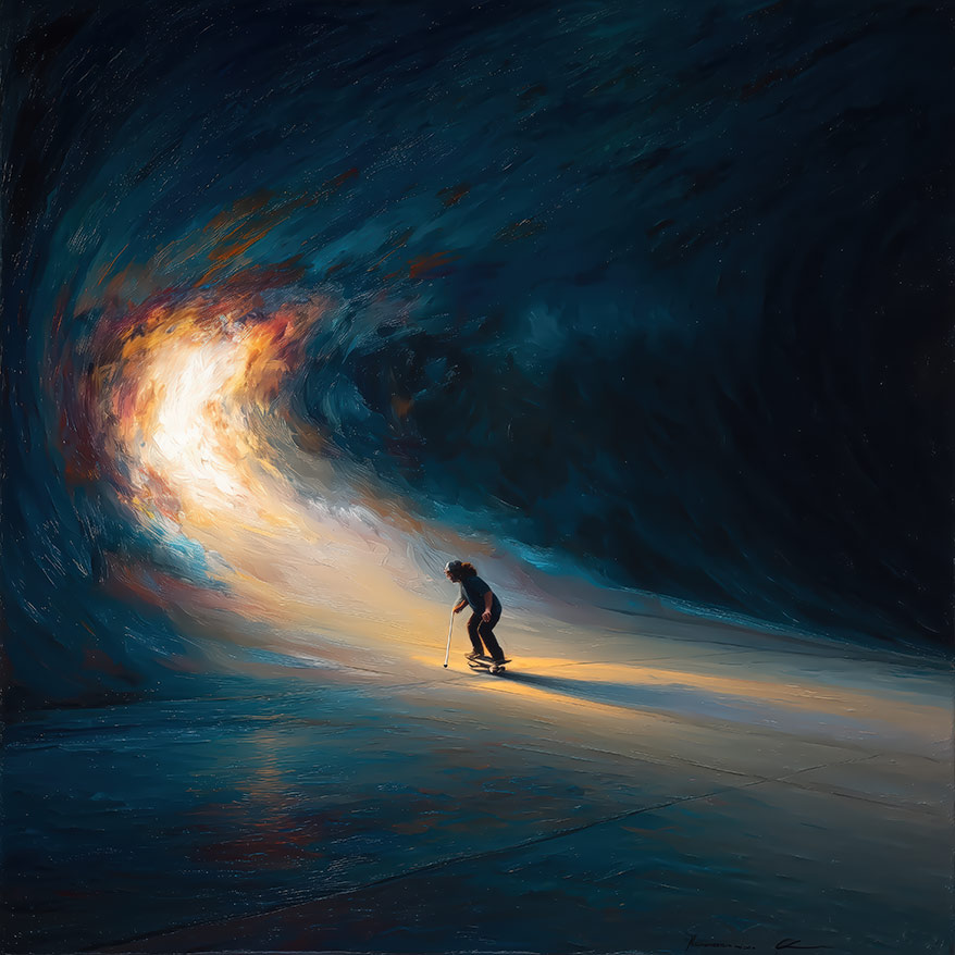 a figure skateboarding with a cane through a vast, dark tunnel