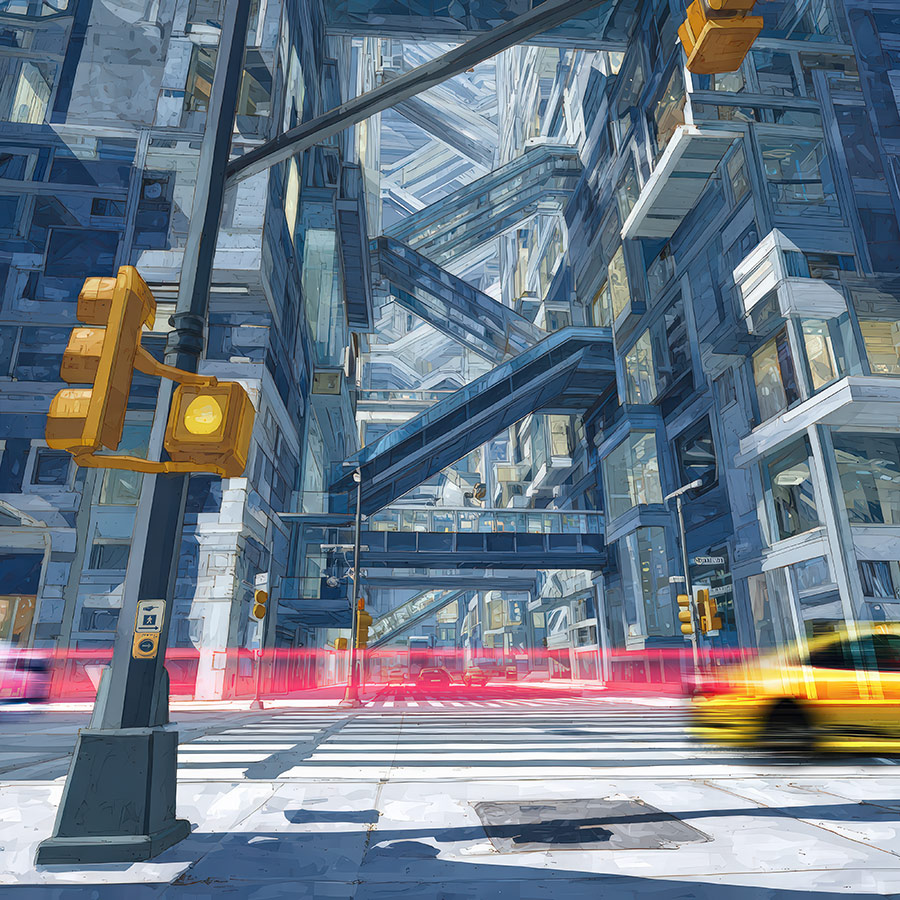 a street level view from a city curb where a crosswalk leads to an overly complex city building