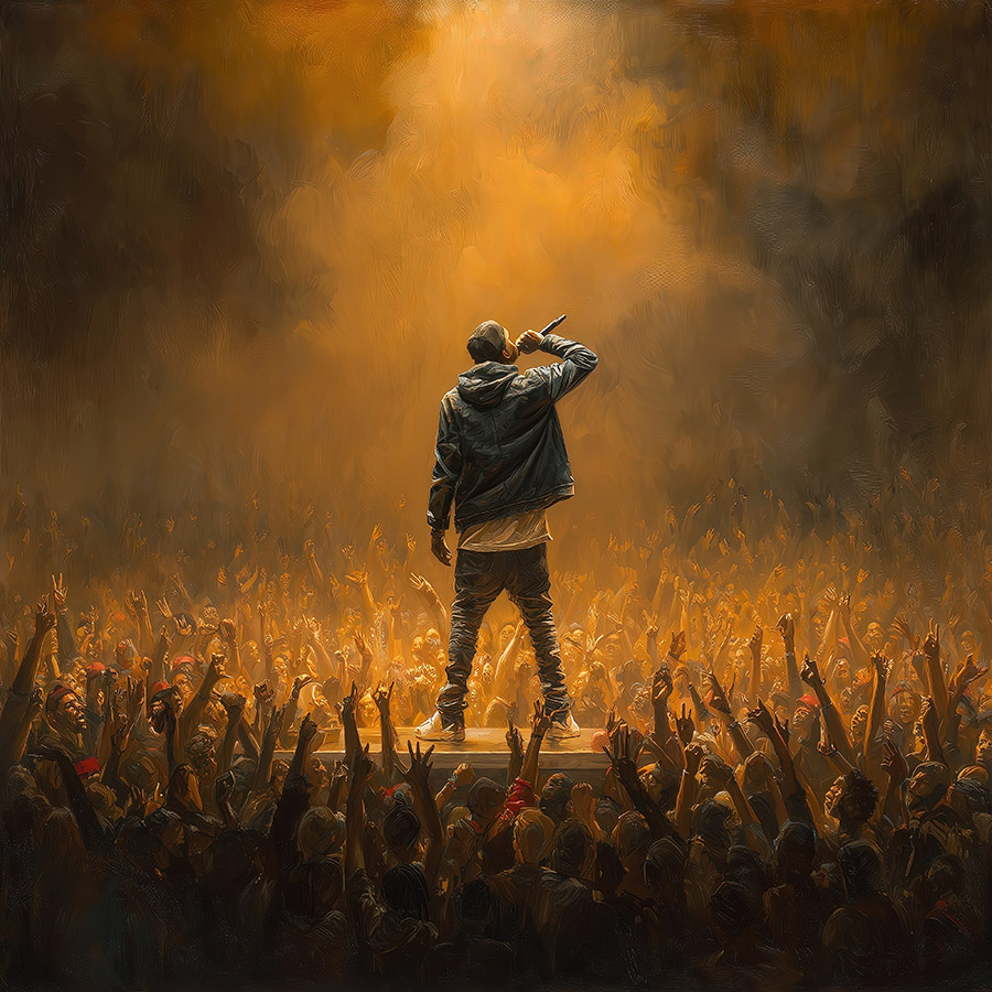 a performer holding a microphone standing on stage before a crowd