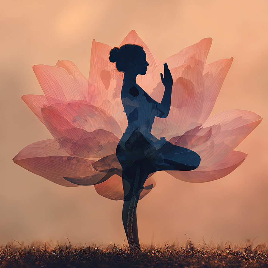 a silhouette of a woman in a yoga pose standing in front of a large pink flower