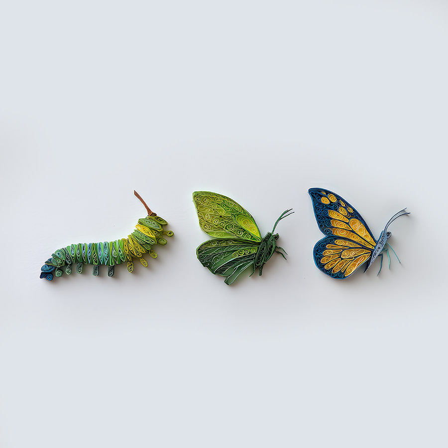 an image of a caterpillar on the left, a transitional form in center, and a fully formed butterfly on the right