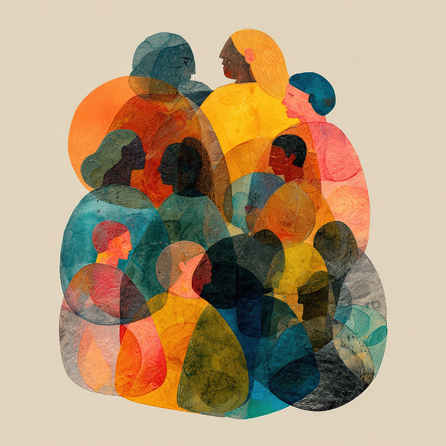 an abstract gathering of overlapping human figures, rendered in translucent layers of color