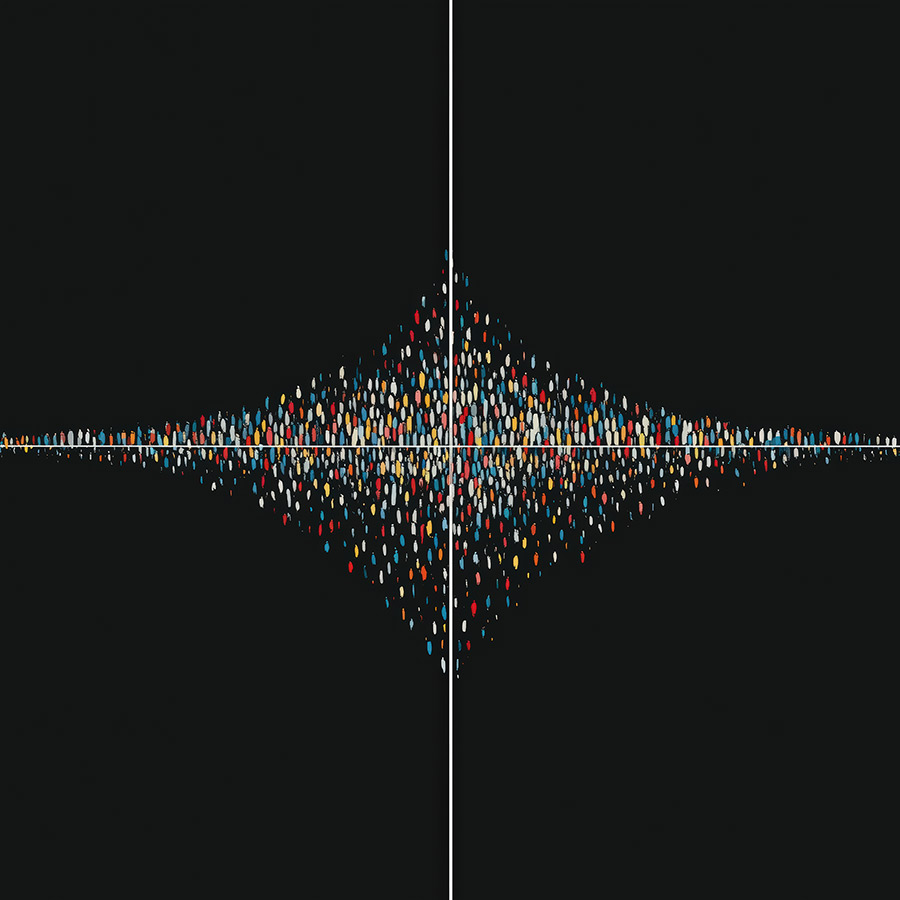 a clean black background with hundreds of colored oval marks clustered around an axis of white lines