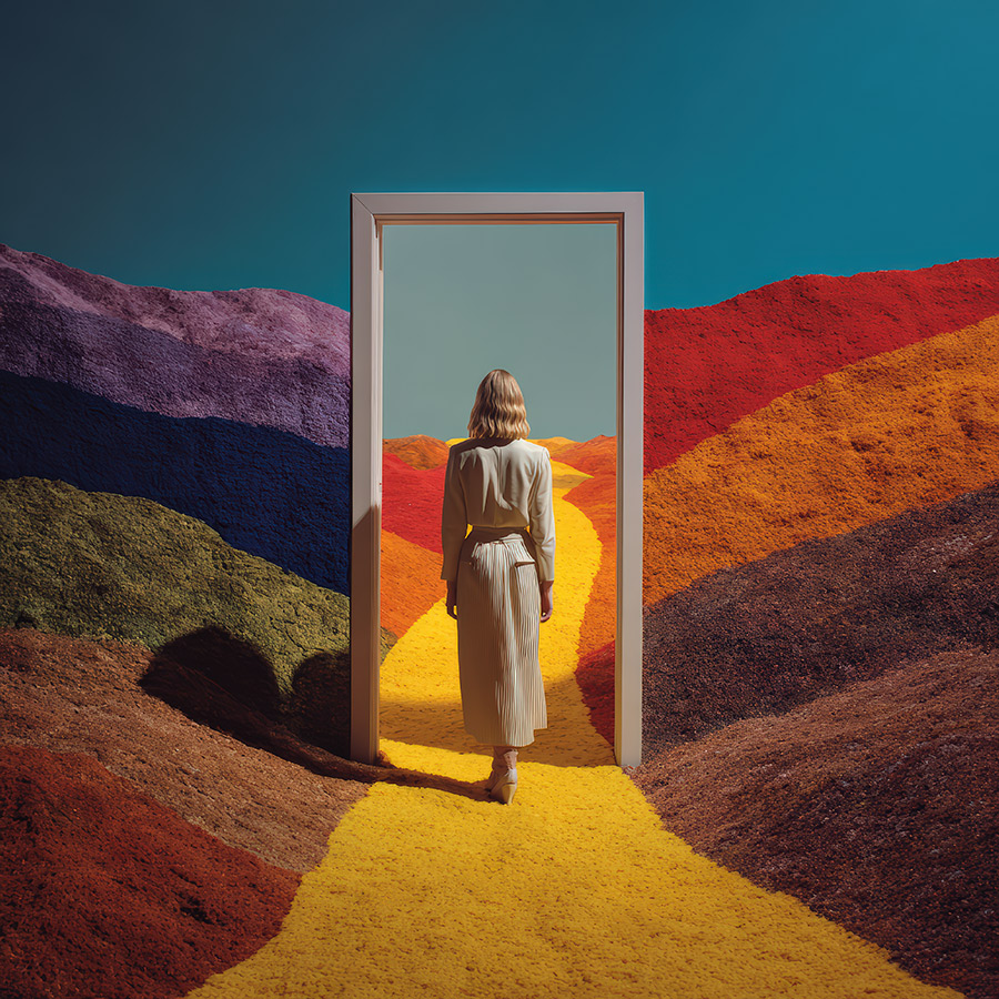 a woman facing away, walking through a freestanding doorway set in a surreal, vividly colored landscape