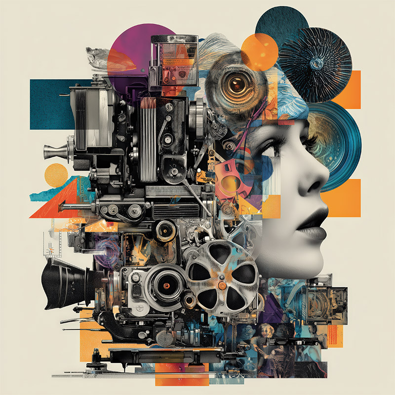 a collage featured with a woman's face in profile, the other secondary parts are camera lenses, reels and film equipment