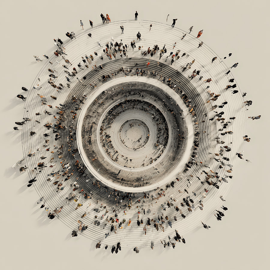 an aerial view of a monumental, circular structure similar to an amphitheater, filled with people