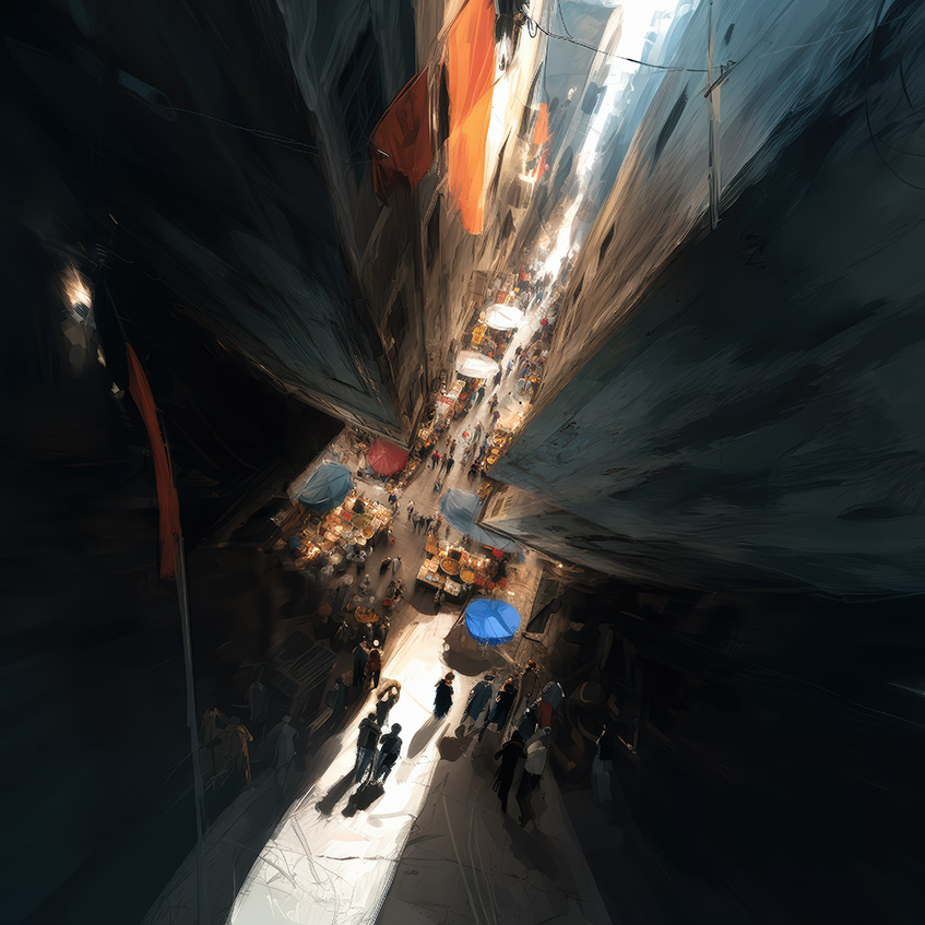 a narrow city street viewed from above, as if the viewer is looking into a canyon of buildings full of people
