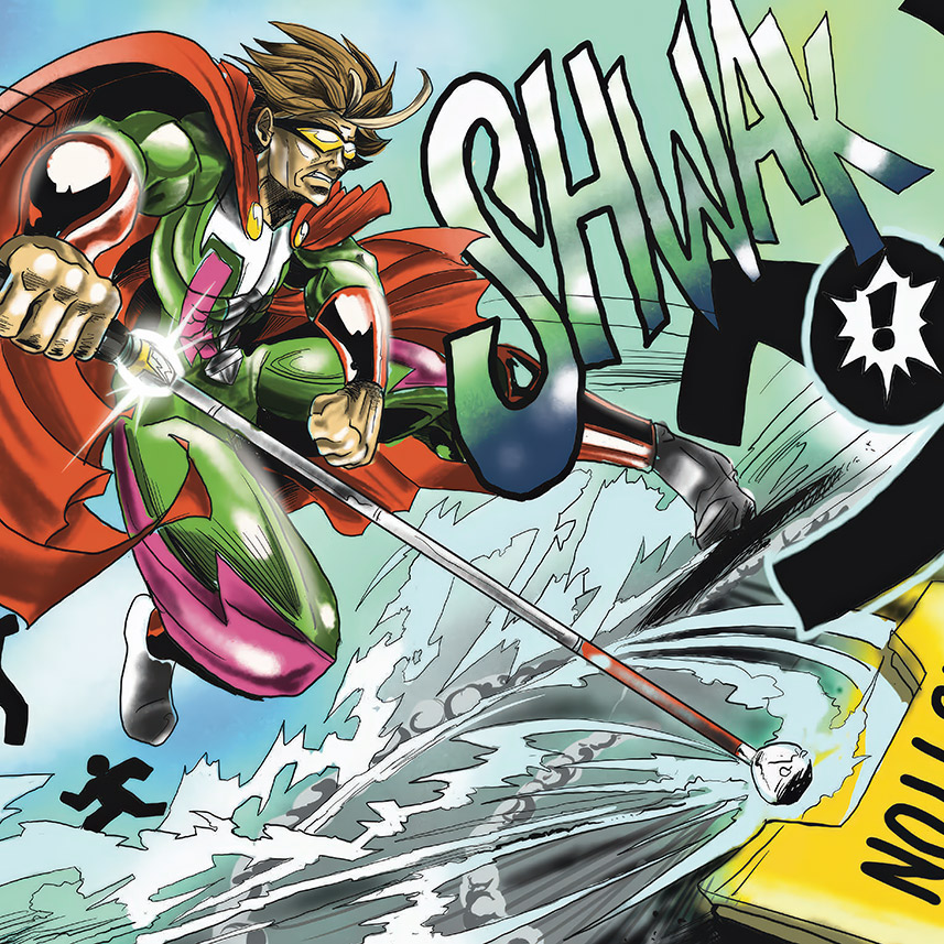 TubiakManiak, the super hero, using his cane to strike a wet floor sign