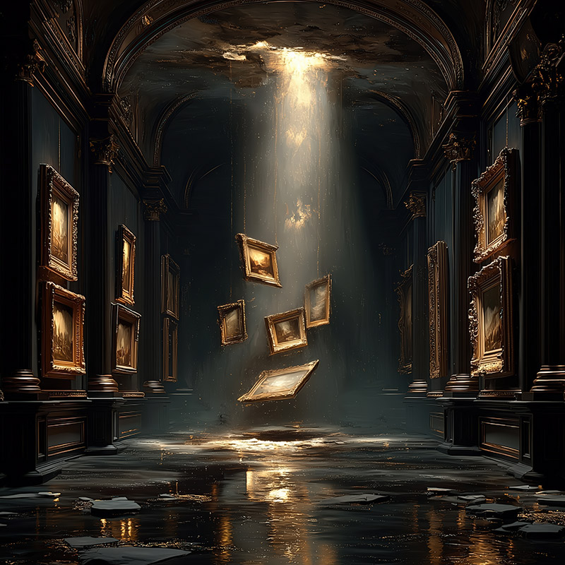 grand museum hall with painting lining the walls and a strong beam of light is lifting additional framed paintings out of the darkness