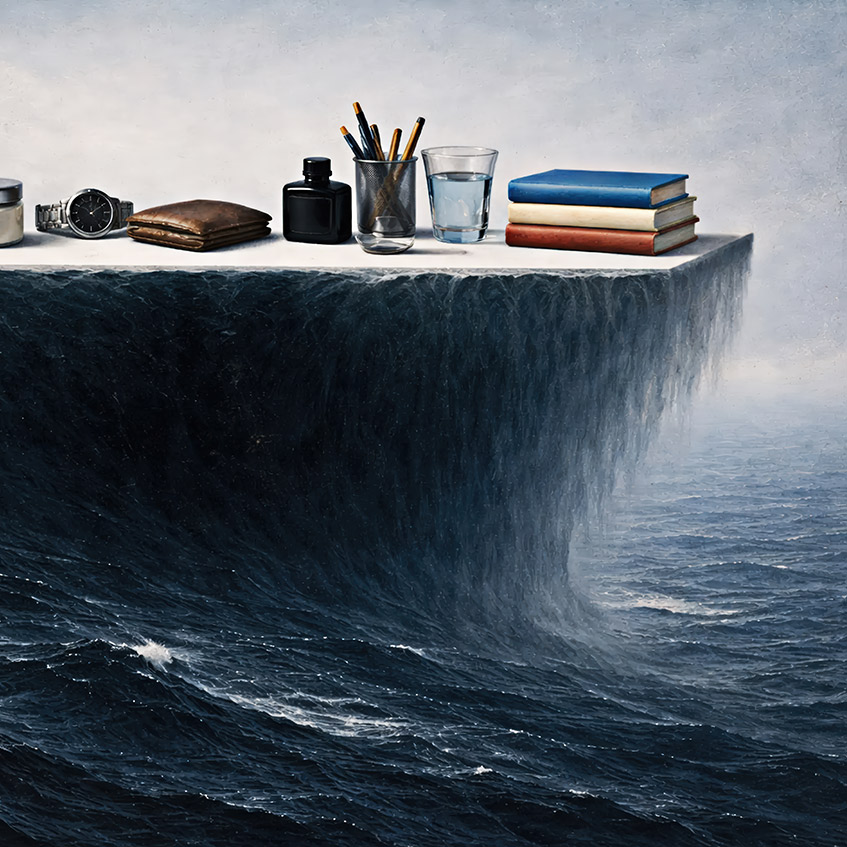 ocean wave hoisting books and writing supplies