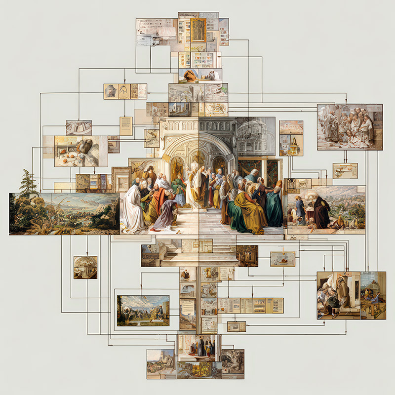 square and rectangular fragments that include historical art are linked by lines connecting them in a network